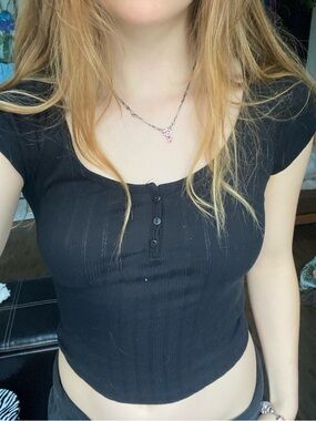Classic Black Ribbed Henley Crop Top - Women's